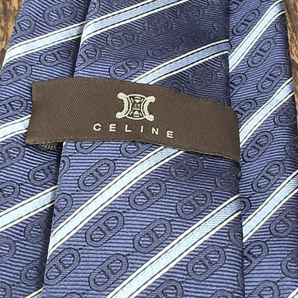 Celine Neck Tie 100% Silk Blue Striped Chain Designer Italian Quality Corpcore - Image 2 of 4