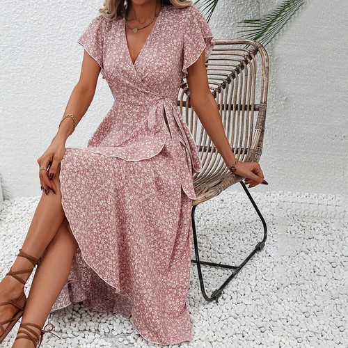 Boho Damen Blumen Sommerkleid Wickelkleid A-Linie Swing Midikleid Freizeitkleid - Bild 14 von 23