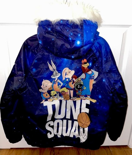 NEW!  RARE (Space Jam) Looney Tunes Blue Galaxy Puffer  Fur Hooded Coat Size- M - Picture 1 of 9