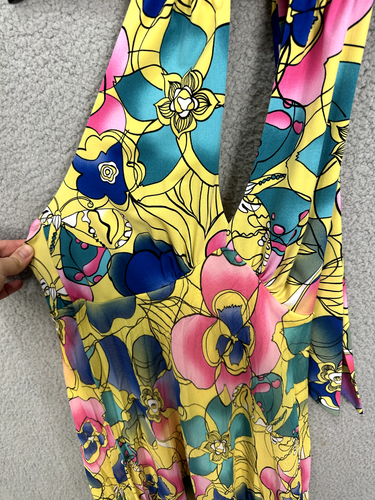 Vintage Y2K Mini Dress Womens Medium Yellow Floral Babydoll Halter Retro Hippie - Picture 2 of 7