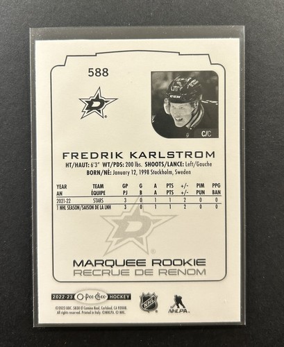 Fredrik Karlstrom - 2022-23 O-Pee-Chee Marquee Rookie RC #588 - Dallas Stars - Bild 2 von 2