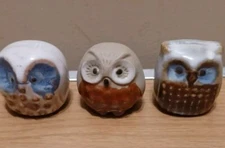 3 Vintage Emson Stoneware Owl Figurines  1970s Miniature Pottery Blue Brown Tan
