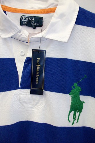 Polo Ralph Lauren bianca blu a righe rugby camicia $125 verde big pony 3 toppe nuova con etichette - Foto 1 di 9