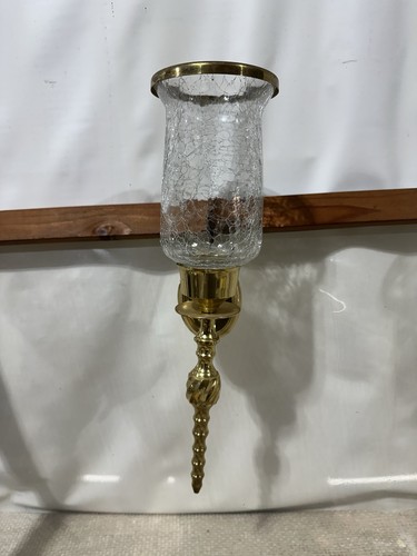 Vintage Pair Solid Brass Wall Sconce Candle Holders Crackle Glass Shades 15” - Picture 3 of 22