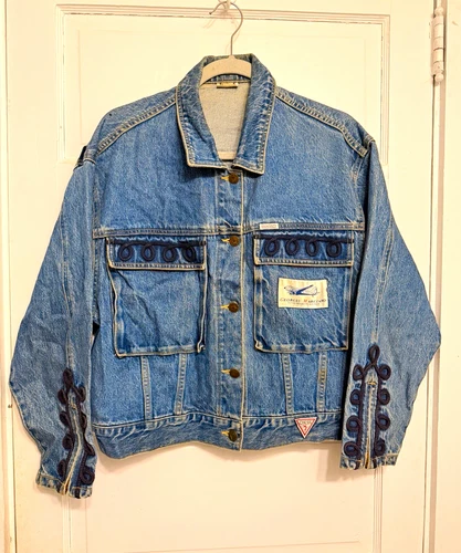 Vintage 80s GUESS Georges Marciano Denim Jacket Flying High Soutache Rope Trim L - product listing photo