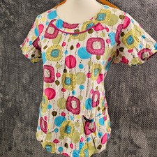 Cherokee Womens Scrub Top Floral Print Short Sleeve Blue Pink Yellow Green Small