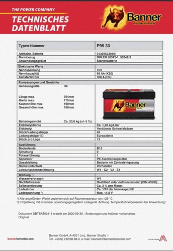 Banner Power Bull P9533 12v 95Ah 780A Starter Battery - Picture 6 of 6