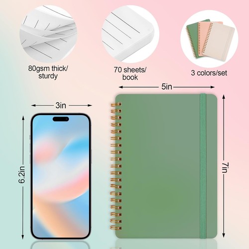 Utron 3 PCS Small Spiral Notebook 5x7, Notebooks for Note Biege,Pink,Green - Picture 2 of 7