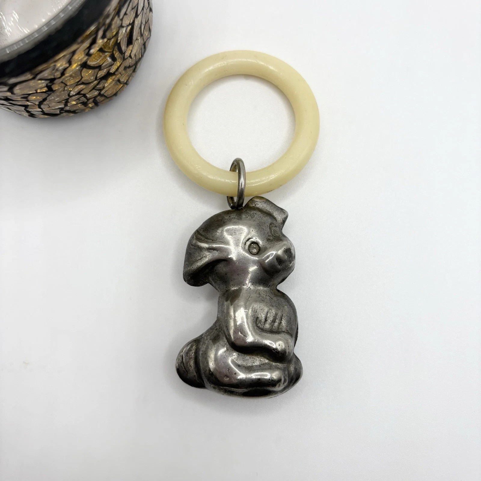 VINTAGE Silver Plated Baby Rattle With Plastic Teething Ring Doggy
