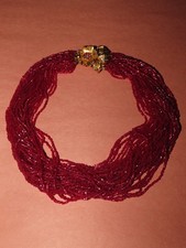 34 STRAND RED SEED BEADED CHOKER NECKLACE 16" GOLD TONE FANCY CLASP 1950s