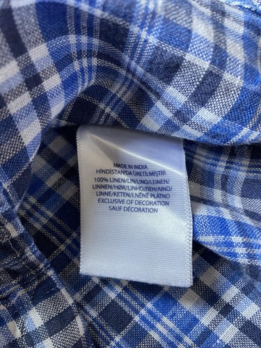 Men’s RALPH LAUREN Shirt XL Blue White Check Plaid 100% Linen Ocean Wash Slim - Picture 9 of 13