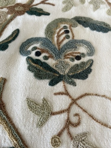 Vtg Crewel Suzani Hand Embroidered Floral Drapes 28x82 Green Ecru Jacobean Lined - Picture 3 of 14