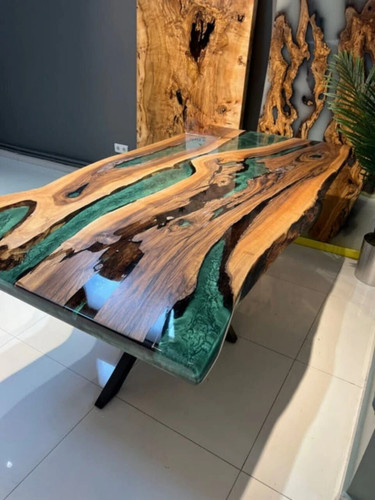 Walnut Wood Epoxy Dining Table | Metallic Green Epoxy Table Top | Custom Live - Picture 2 of 4