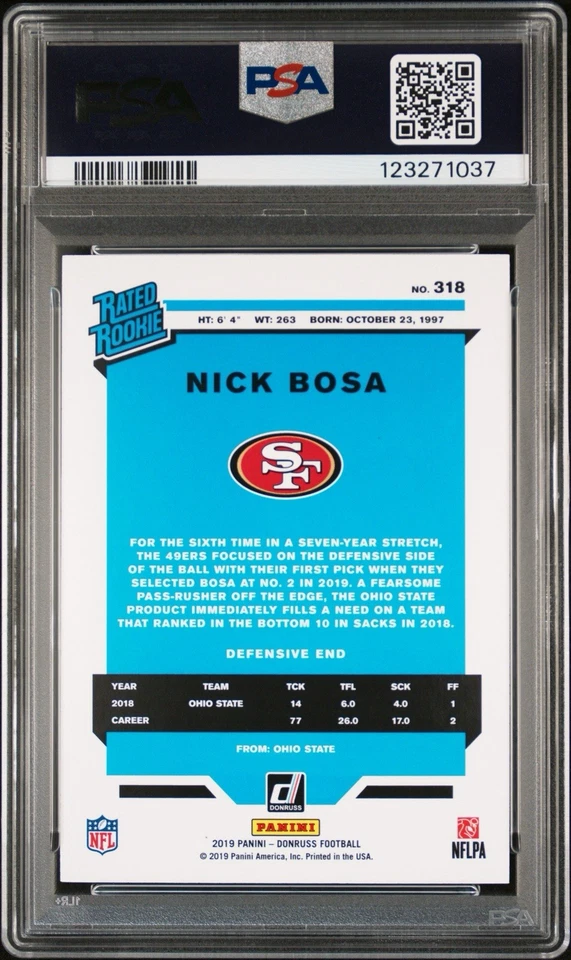 2019 Donruss Nick Bosa autografado RC PSA DNA AUTO autêntico #123271037 - Imagem 2 de 3