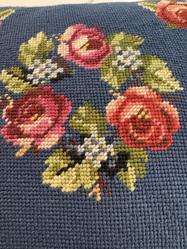 Cuscino vintage lana punta ago rose lancio retro velluto blu 16x13" - Foto 2 di 5