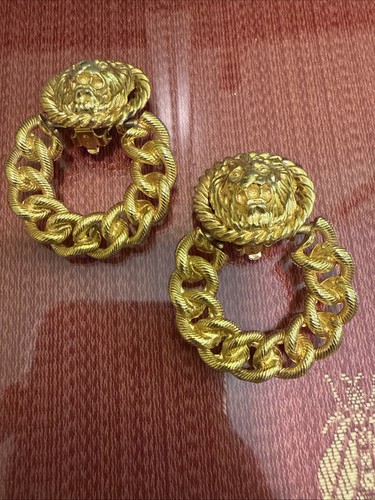 Pendientes Vintage Grande ANNE KLEIN Tono Dorado Puerta León Llamador Clip Estate - Imagen 6 de 11