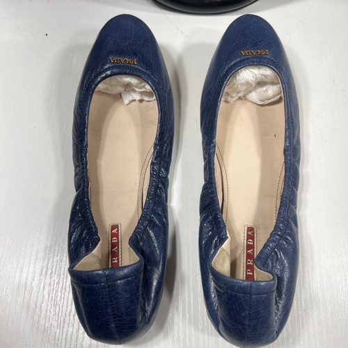 Prada 40 Ballet Flats Blue Leather Lined Foldable Slip On Travel Gold Name Logos - Picture 6 of 24