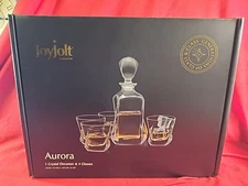 JoyJolt Atlas Whiskey Crystal Decanter Bar Set of 5: 1 Decanter & 4 Glasses