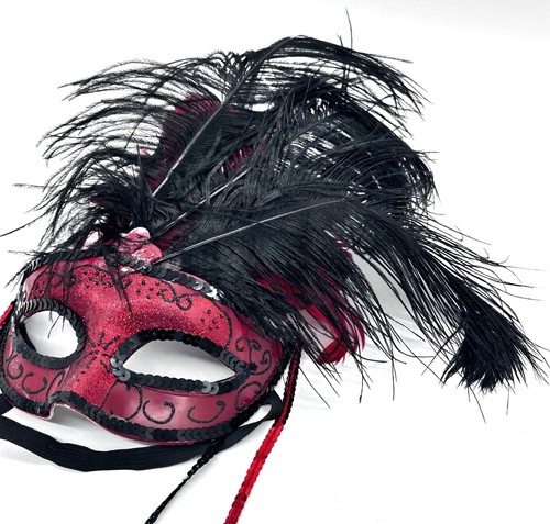 Venetian Style Masquerade Feathered Half Mask Red Black Sequins Halloween GUC - Picture 5 of 10