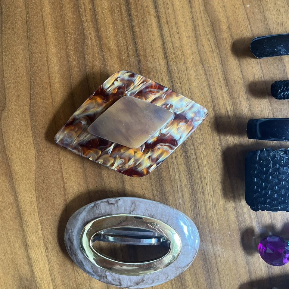 Vintage Tortoise Lucite, Metal, Jewel, France Barrettes Hair Clips Lot Of 11 - Image 2 of 4