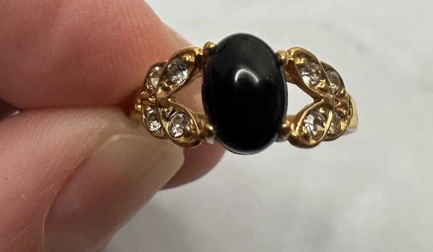 复古女式玛瑙桂冠戒指金色水钻椭圆形凸圆形 8 码 — 第 3/4 张图片