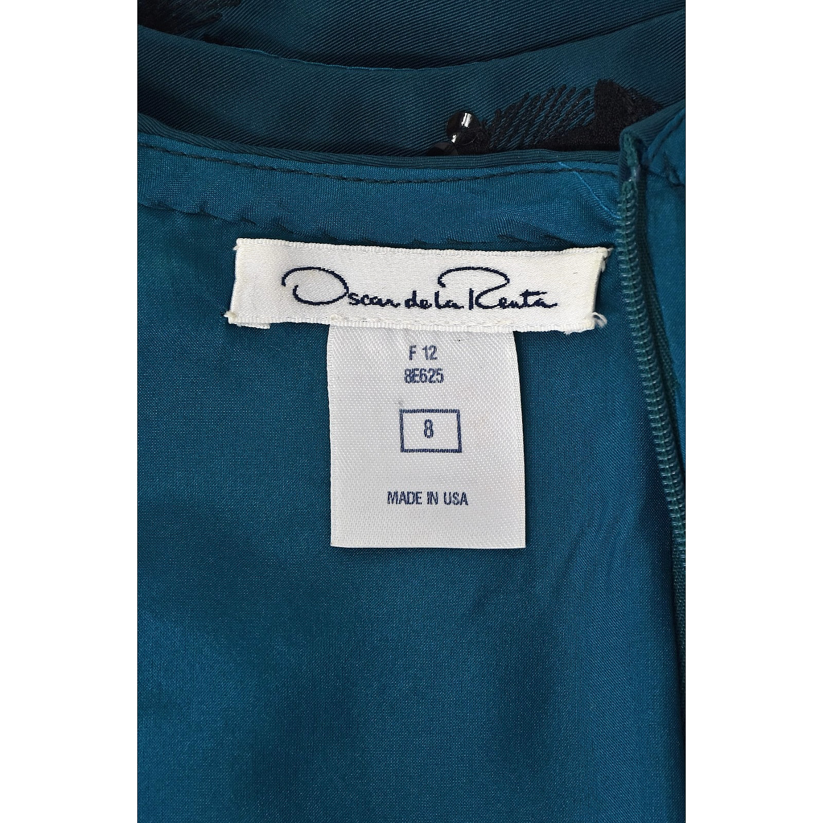 OSCAR DE LA RENTA Teal Silk Embroidered Dress w/Sheer Chiffon Sleeves F2012 SZ 8