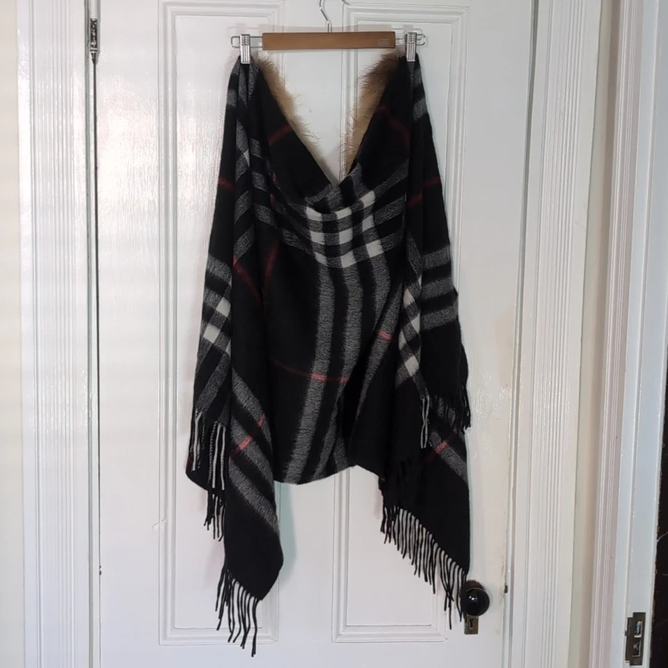 Soft Fur Collared Nova Check Wrap Poncho with Fringe 70x27" - Image 4 of 4