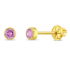 14k Yellow Gold 3mm Bezel Simulated Birthstone CZ Screw Backs Earrings Babies