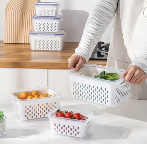 3pc Food Storage Container with Lid Produce Saver with Draining Baskets New - Picture 4 of 9
