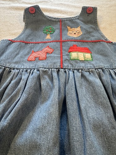Vintage Samara Girls Size 6X Denim Embroidered Dress Apple School Cat Dog - Picture 3 of 6