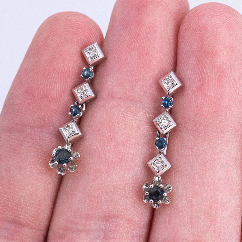 28 mm - Vintage Ohrhänger Weißgold 585/14K Diamant 0,06 ct. & Saphir - Bild 3 von 4