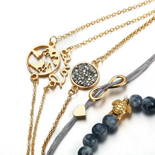 Women 5PC Set Wrist Jewelry Bracelets Retro Love Heart Turtle Stone Earth 0488 - Picture 2 of 5