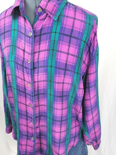 Blusa de seda vintage Maurices magenta/púrpura/verde a cuadros talla mediana - Imagen 5 de 18