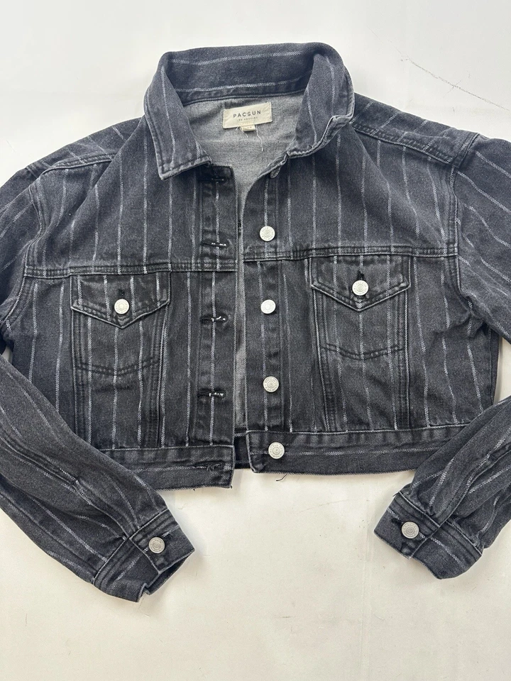 Pacsun Denim Jacket Womens Medium Large Black Striped Pinstriped Cropped Ladies - Image 2 of 4