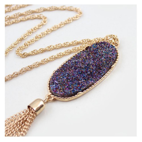 Women's Purple Druzy Stone Tassel Pendent Necklace Gold Tone Long Drusy Necklace - Picture 9 of 10