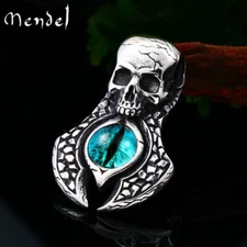 MENDEL Mens Blue Evil Eye Punk Biker Skull Pendant Necklace Stainless Steel Men