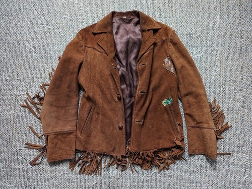 Vintage 1960er Wildleder HIPPIE Boho WESTERN Lederjacke M braun FRANSEN Cowboy