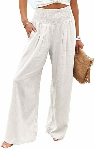 Women's Smocked High Waist Straight Leg Cotton Linen Palazzo Pants - Picture 22 of 34