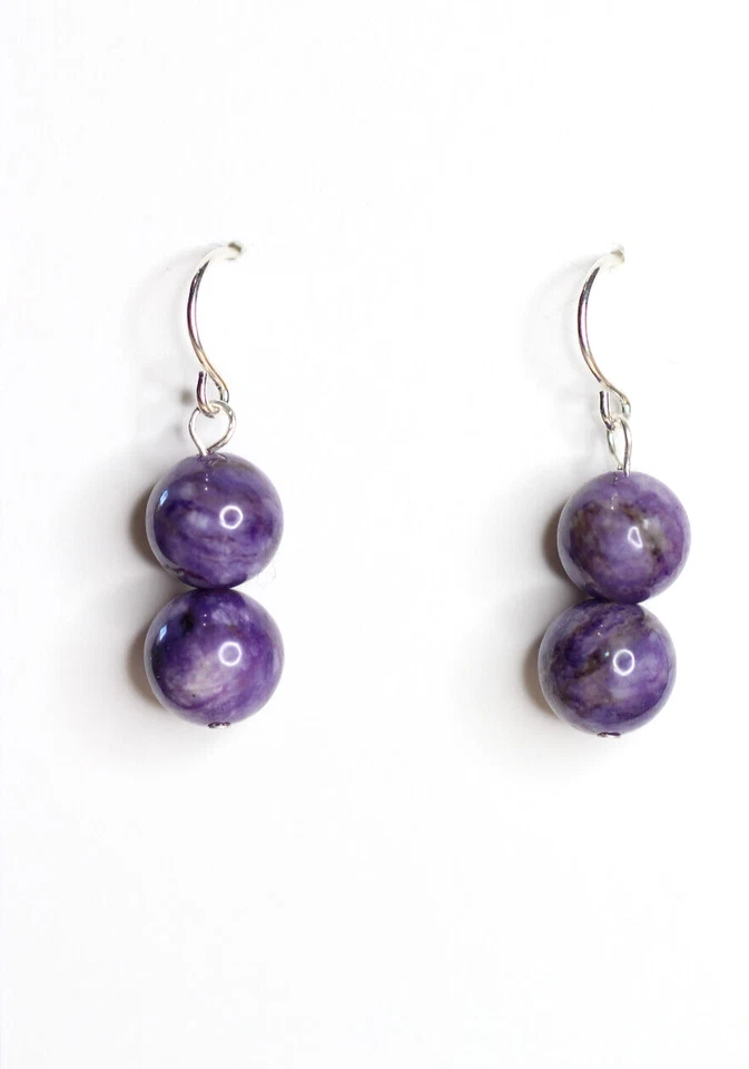 Sugilite Purple 8mm Ball Natural Gemstone 925 Sterling Silver Earrings 1" Foto 2 de 4