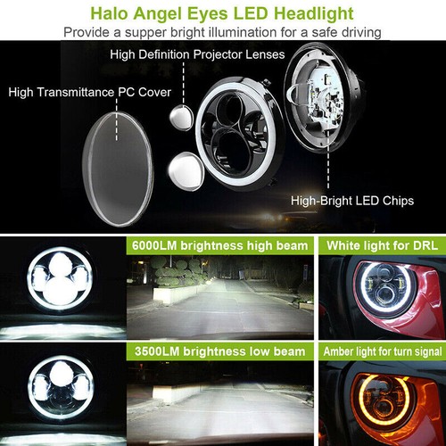 Pair 7" Inch Round LED Headlights Halo Angle Eyes For Jeep Wrangler JK LJ CJ TJ - Picture 2 of 12
