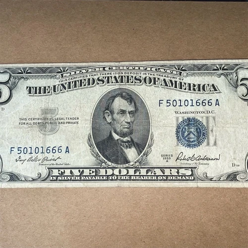“666” 1953 Series A $5  Silver Certificate - US Currency Collectable Serial #