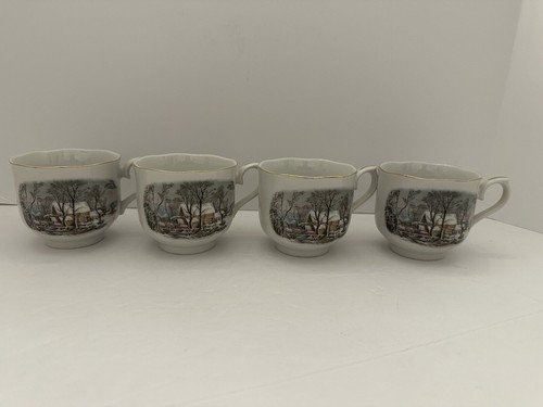 Set of 4 Avon Currier & Ives Winter Scene Tea Cup (Scalloped) & 2 Saucers - Picture 2 of 9