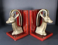 BRASS GAZELLE BOOKENDS Pair w/ Wood Base, Gatco | Midcentury, African, Antelope