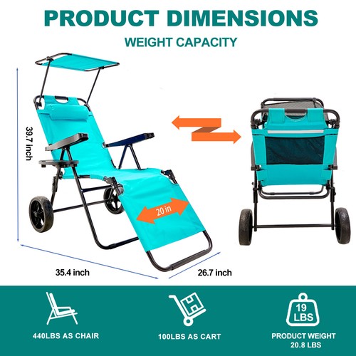 2 in 1 Beach Chair with Integrated Wagon Pull Cart Combination Large Wheels - Bild 22 von 38