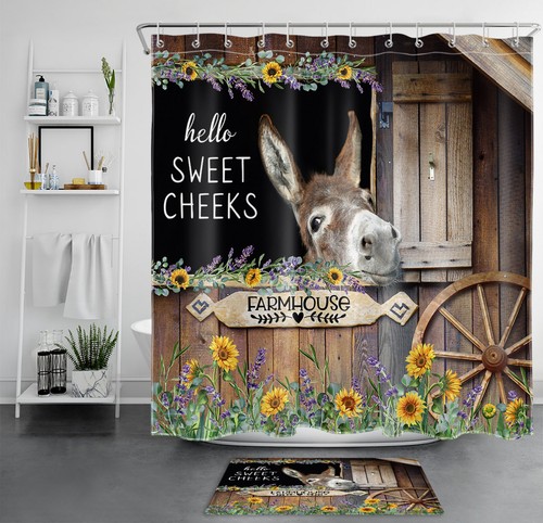Yellow Sunflower Farmhouse Animal Donkey Shower Curtain Set for Bathroom Decor