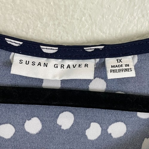Susan Graver Womens Plus 1X Navy Polka Dot 3/4 Sleeve Dress Stretch - Picture 3 of 11