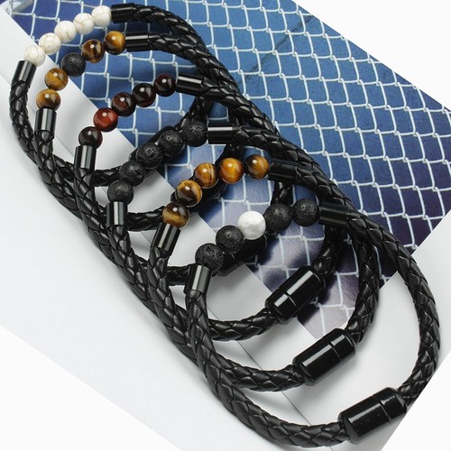 Faux Leather Braided Surfer Wristband Bracelet Charms Beaded Bangle Men Gift - Picture 3 of 27