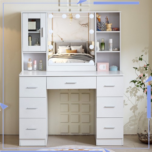 White Dresser Desk with Drawers & Shelves and 10 LED Bulbs Mirror 3 Light Colors - Picture 3 of 9