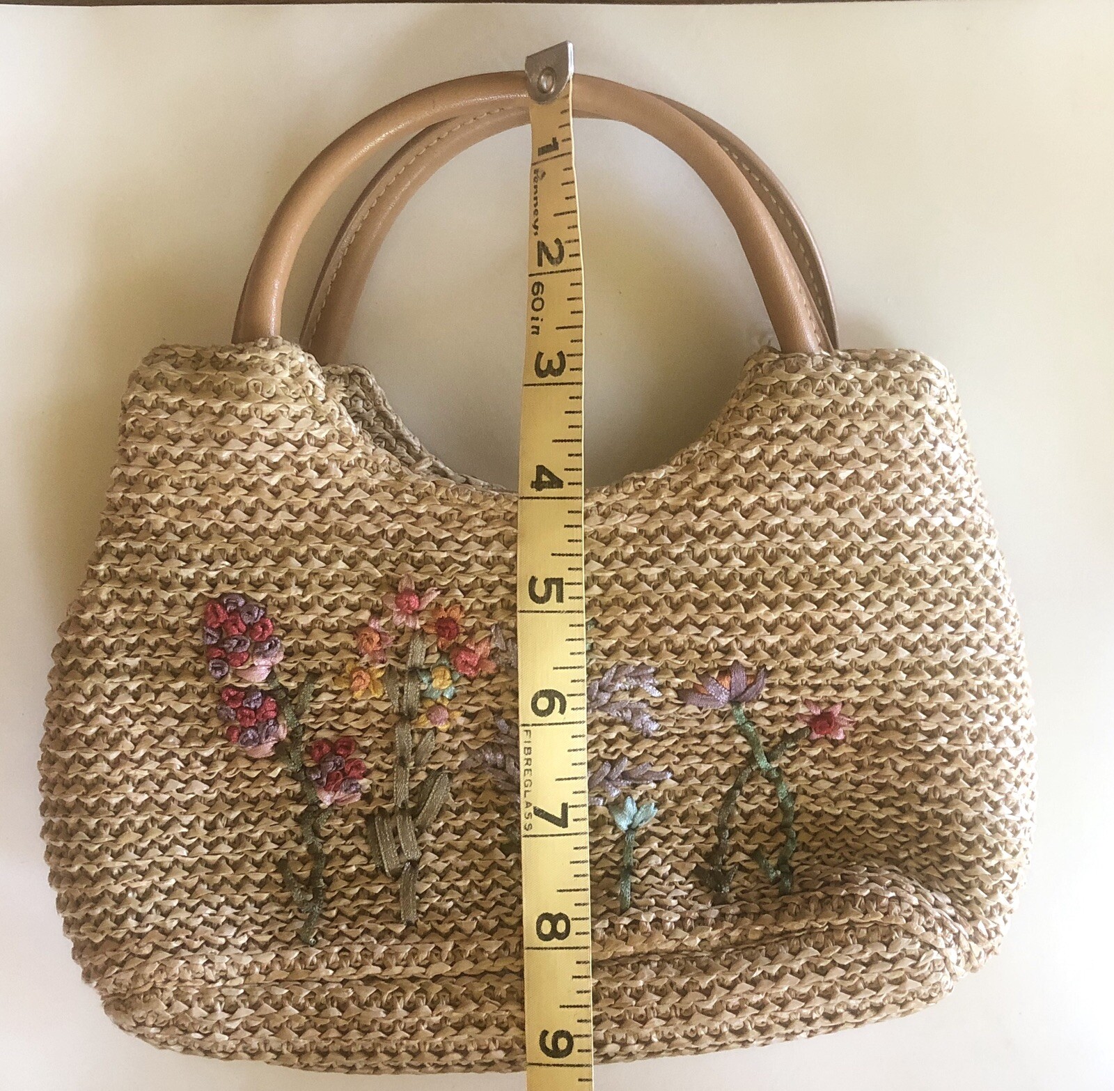 Vintage Natural Woven Purse Embroidered Flowers H… - image 11