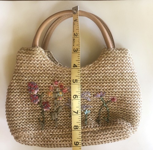 Vintage Natural Woven Purse Embroidered Flowers Hand Bag Satchel - Picture 11 of 12